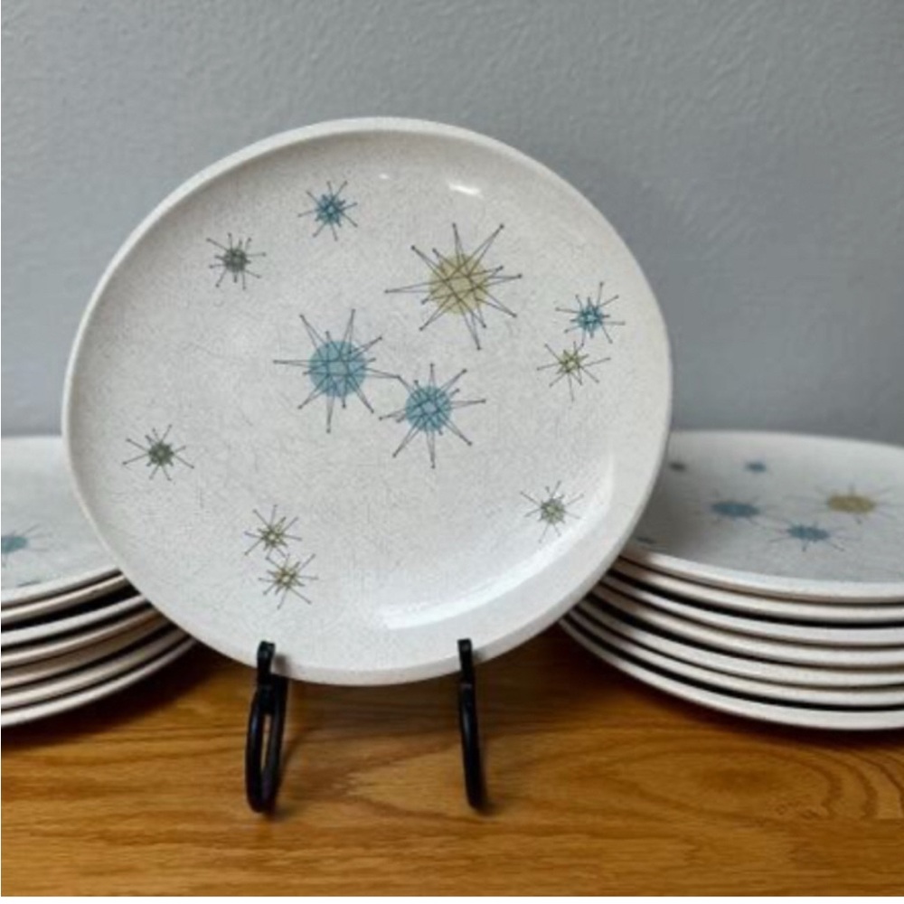 Franciscan Starburst Dinner Plates - White with Blue and Gold Design